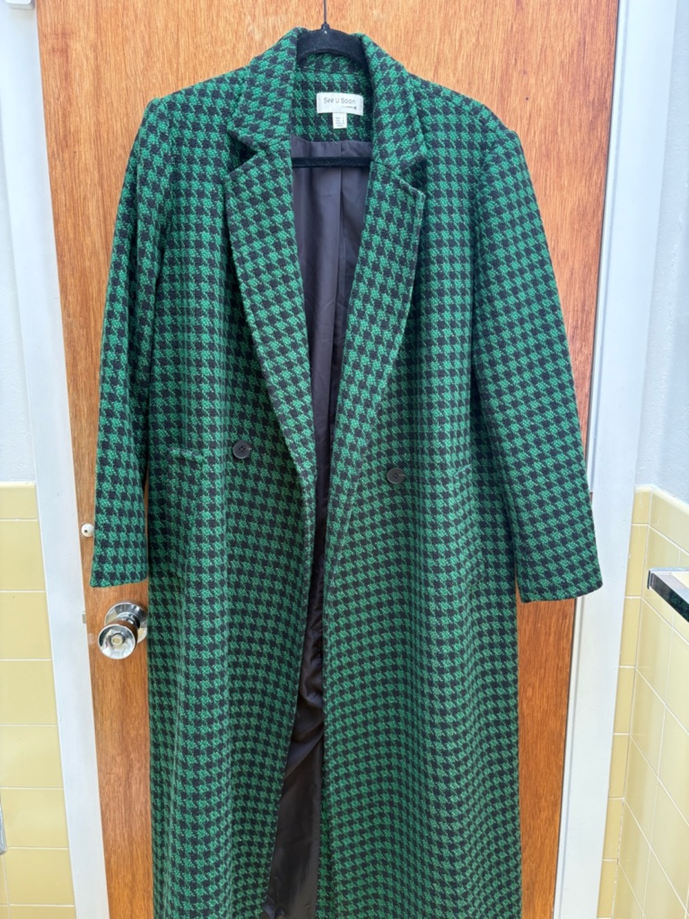 Anthropologie See U Soon Green Houndstooth Wool-Blend Overcoat